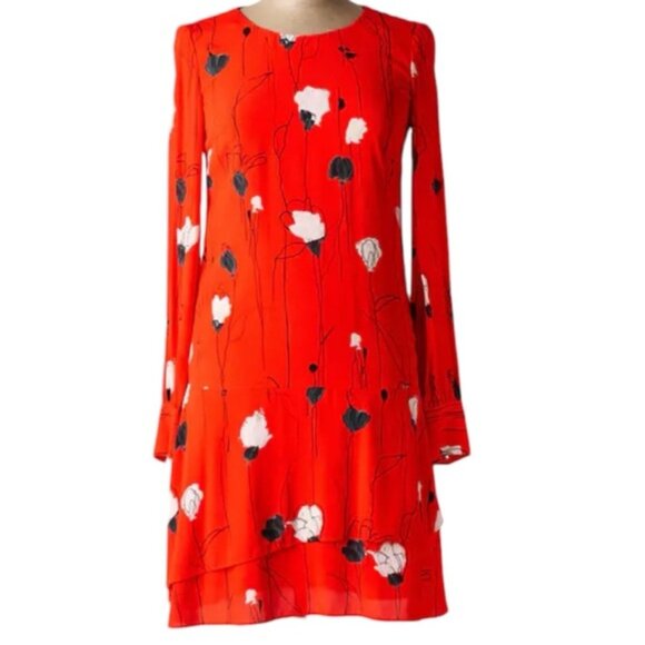 Hugo Boss Floral Midi Dress Tiered Skirt Long Sleeve Lightweight Crew Neck Red 6 - Picture 1 of 16